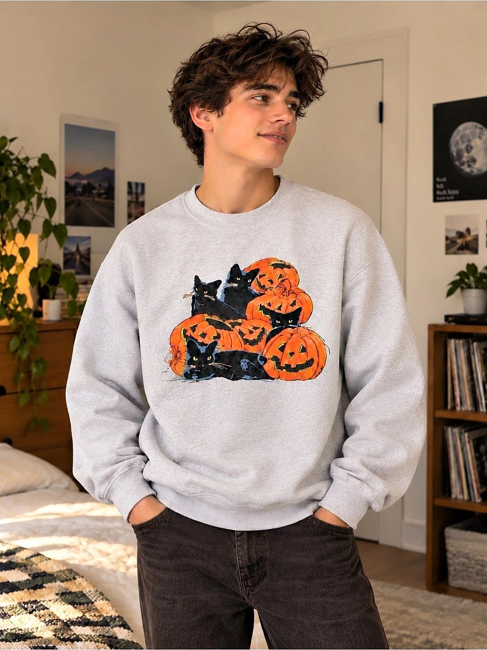 Halloween Black Cats Pumpkin Graphic Sweatshirt Gildan Reprint – Ash Grey
